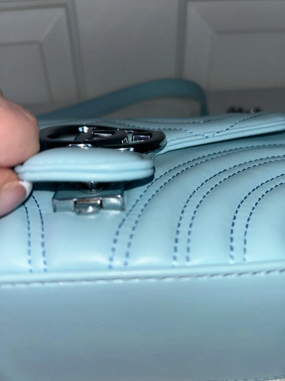 Light Blue Chevron Quilted Shoulder Bag with Silver Hardware and Dust Bag - Picture 6 of 13